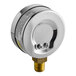 A close-up of a Noble Warewashing water pressure gauge with a stainless steel and brass design.