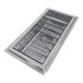 A stainless steel floor trough with grid grating and outlet.
