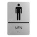 A rectangular black and silver men's restroom sign with a male figure, the word 'MEN,' and braille at the bottom.