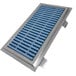 A stainless steel floor trough with a blue and silver metal grate.