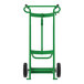 A green hand truck with black wheels.
