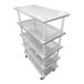 A stainless steel five-shelf louvered mobile utility shelving unit with 61-inch posts and casters.