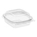 A clear Inline Plastics Safe-T-Fresh square hinged container with a dome lid.