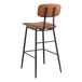 A Lancaster Table & Seating black barstool with a brown vinyl seat and backrest.