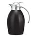 A black and silver stainless steel Service Ideas Nicollet coffee carafe with a push button lid.