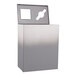 A silver rectangular steel trash receptacle with a lid.