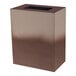 An espresso brown rectangular steel trash receptacle with a black lid.