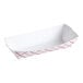 A white paper hot dog tray with red checkered pattern.