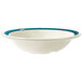 A white GET Freeport bowl with blue trim on the rim.