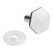 A stainless steel hexagon shaped metal knob with a clear plastic disc.