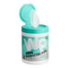 A white container of WipesPlus lemon scent disinfecting wipes with a green lid.