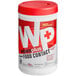 A white container of WipesPlus food contact surface sanitizing wipes with a red label and lid.