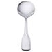 A close-up of a Oneida Stanford silver stainless steel bouillon spoon with a silver handle.