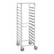 A silver metal Regency pizza dough box rack with blue wheels.