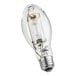 A close-up of a clear Satco metal halide light bulb with a clear base.