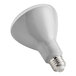 A Satco BR30 light bulb with a white base and frosted white glass.