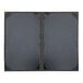 A grey rectangular menu cover with black corners and border containing two black pages.
