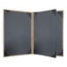 A black menu cover with a brown border and gold corners.