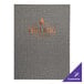 A customizable grey menu cover with a logo on the surface.