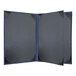 A black menu cover with blue trim and corners.