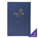 A blue fabric H. Risch, Inc. menu cover with gold text on a table.
