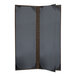 A grey rectangular menu cover with brown corners and a black border.
