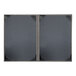 A grey rectangular menu cover with a black border and white inserts.