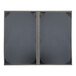A grey rectangular menu cover with a black border holding two black and grey customizable plates.