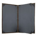 A grey rectangular menu cover with brown trim.