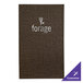 A brown fabric menu cover with a white logo.