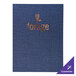 A blue menu cover with white text and a blue fabric border.