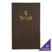 A brown fabric menu cover with gold text on it.