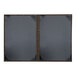 Two grey rectangular menu covers with black and brown trim.