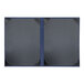 A black rectangular menu cover with a black frame and blue inserts.