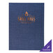 A blue fabric menu cover with gold text on the front.