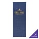 A blue fabric menu cover with gold text and a blue and gold logo on the front.