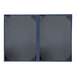 Two black rectangular H. Risch, Inc. menu covers with azure blue stitching.
