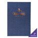 A blue menu cover with gold text reading "Grill Haus"
