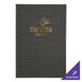 A close-up of a customizable Milan menu cover with purple and white fabric on it.
