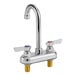 A Krowne silver deck-mount faucet with gooseneck nozzle and lever handles.