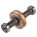 A metal worm gear assembly with two metal gears on it and a ball bearing on a white background.