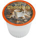 A white Caffe de Aroma hot chocolate single serve cup filled with hot chocolate.