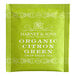 A green Harney & Sons packet with white text for 50 organic citron green tea bags.