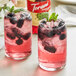 Two glasses of pink blackberry drinks garnished with mint leaves and blackberries.