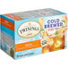 A white and blue box of Twinings Peach Cold Brewed Iced Tea Bags.