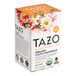 A white box of Tazo Organic Calm Chamomile Tea Bags with flowers and text on it.