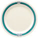 A white plate with blue and green stripes.