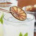 A close-up of a dried lime slice in a glass of ice.