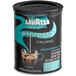 A can of Lavazza Decaf Espresso Italiano ground coffee with a black lid and a picture of a cup on the label.