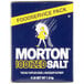 A blue box of Morton Iodized Salt with a yellow and white label on a counter.